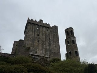 Blarney Castle's stone keep and round tower rising above green trees under grey skies in County Cork