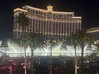 The Bellagio hotel and its fountains lit up at night behind palm trees on the Las Vegas Strip