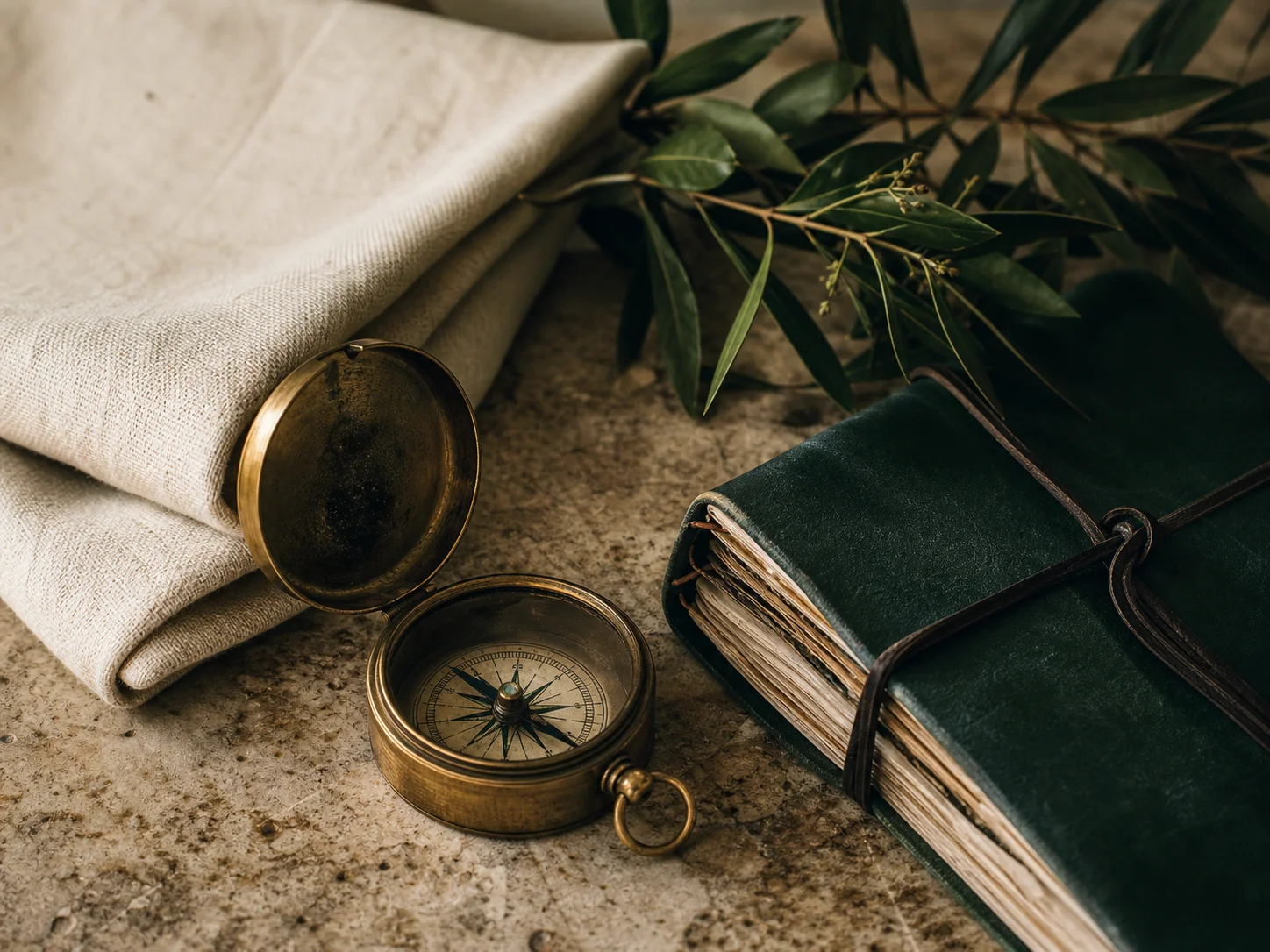 An open brass compass and a green leather travel journal on stone, beside folded linen and greenery
