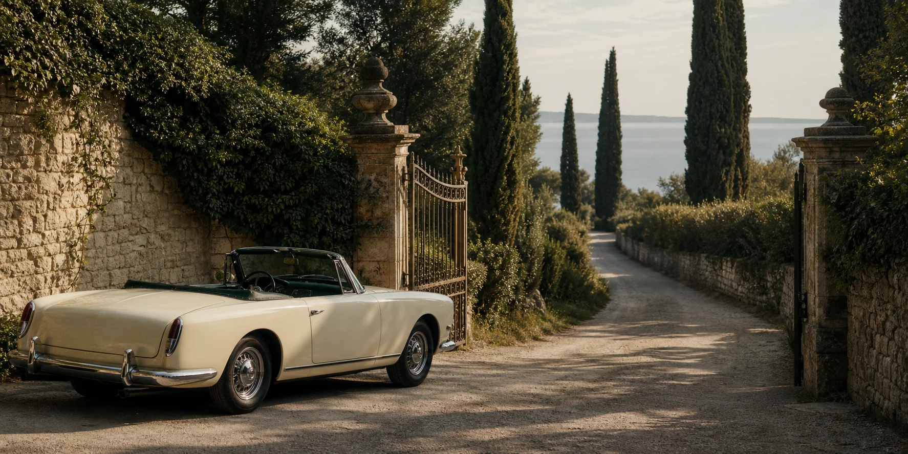 A cream vintage convertible parked at open iron gates, with a cypress-lined lane leading toward the water