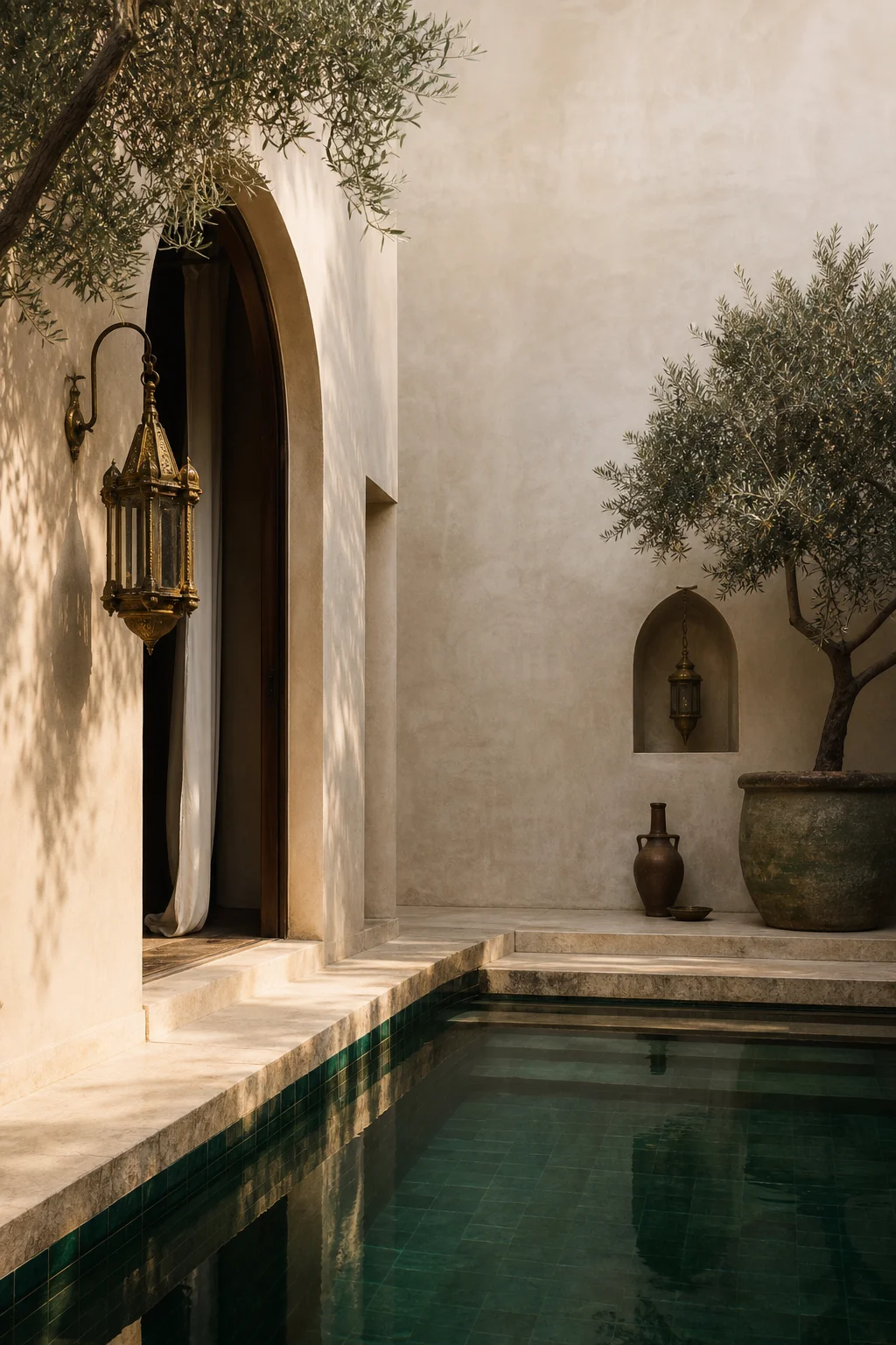 A quiet Mediterranean courtyard with a green-tiled plunge pool, arched doorway, brass lantern and olive trees