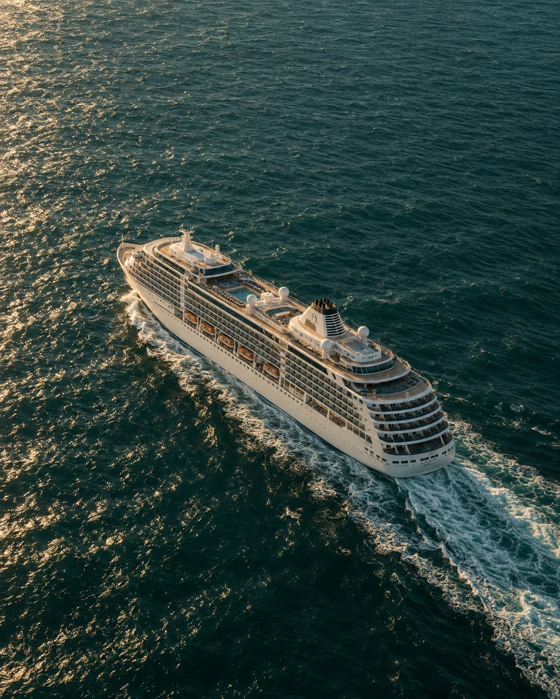 A white cruise ship sailing across deep green open water, seen from above in golden light
